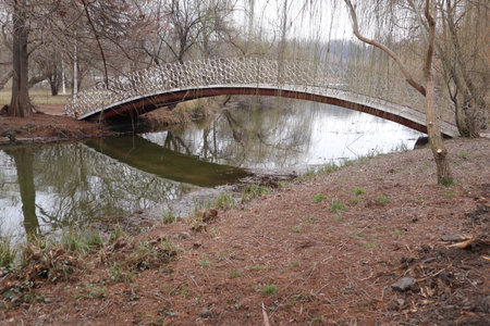 The old bridge over the river in the city park in early springの写真素材