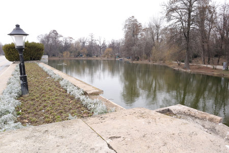 Pond in the park in the early spring, Trees and Grass, Nature, Outdoorsの写真素材