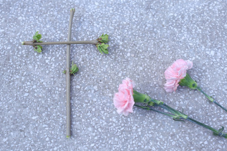 Cross and pink carnation on cement floor background. Christian symbols.の写真素材