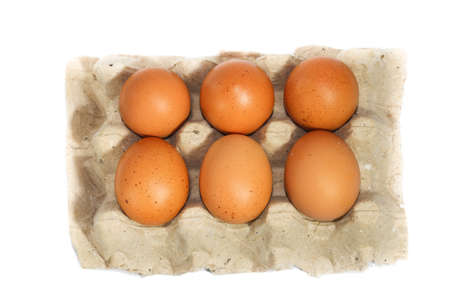 Raw brown chicken eggs in a paper grey crate carton isolated on white background.