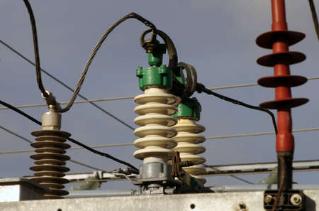 High-voltage substation on blue sky with switch, Lithuaniaの写真素材