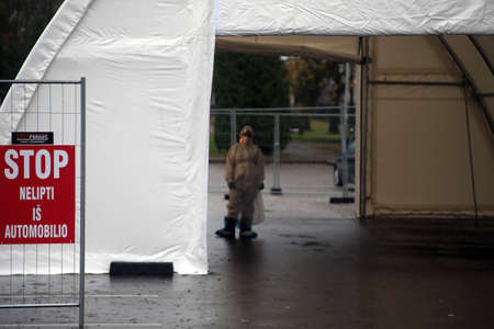 Mobile covid checkpoint, testing site. Lithuania Kedainiai 18 11 2020のeditorial素材