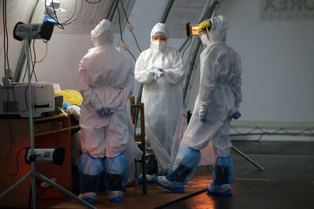 Mobile covid checkpoint, testing site. Lithuania Kedainiai 18 11 2020のeditorial素材