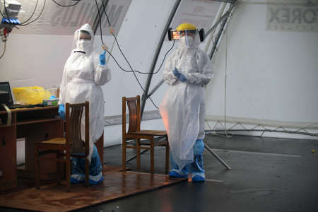 Mobile covid checkpoint, testing site. Lithuania Kedainiai 18 11 2020のeditorial素材