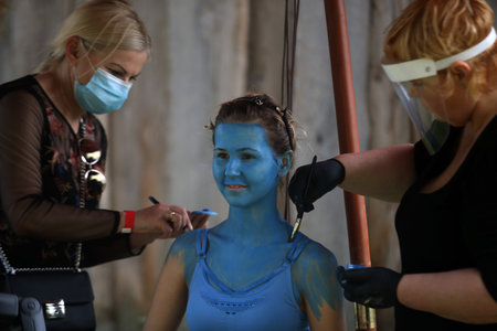 Body art, drawing on body Bardo gallery in KernavÄ. Lithuania 06 06 2020のeditorial素材