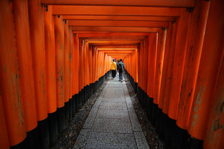 The red torii gates walkway path at fushimi inari taisha shrine the one of attraction landmarks for tourist in Kyoto, Japan 11 14 2019のeditorial素材