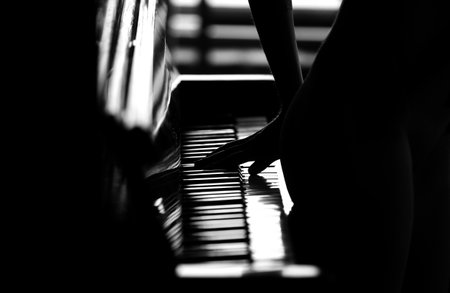 A young attractive girl plays the piano, a naked figureの写真素材