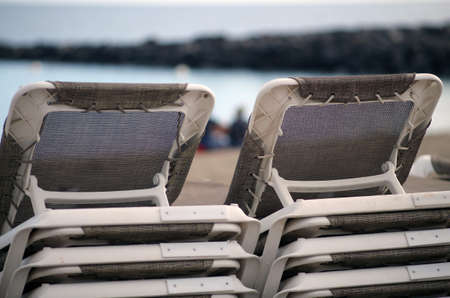 Lots of empty beach beds during a pandemic, quarantined in Tenerifeの写真素材