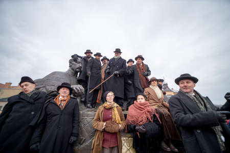 Street theater performance "Signatories go to take photos" The event was dedicated to the 104th anniversary of the restoration of the Lithuanian state and the 100th anniversary of the establishment of the Kedainiai Regional Museum. Kedainiai 02 16 2022のeditorial素材