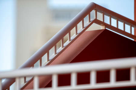 Exterior staircase details, white railings, architectural detailの写真素材