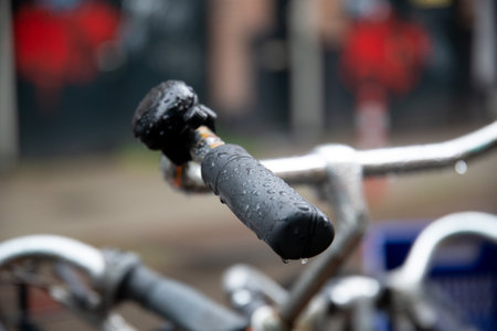 Close up details of a wet bike after rain, raindrop aesthetics. Amsterdamの写真素材