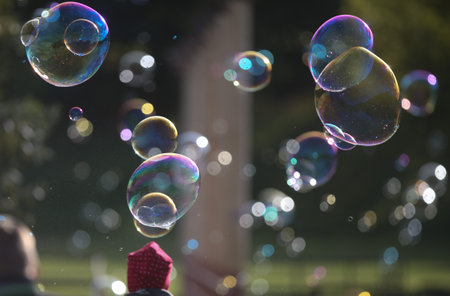 Soap bubbles in nature as a background blurの写真素材