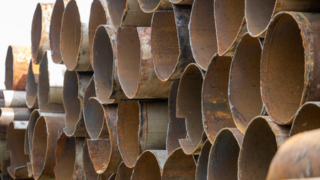 Iron pipes for gasification or water supply are stacked and prepared for recycling on a summer day. Backgroundの写真素材