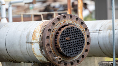 Iron pipes for gasification or water supply are stacked and prepared for recycling on a summer day....