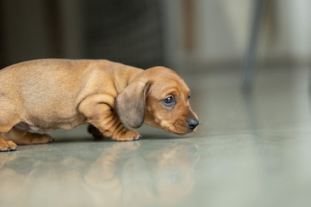 A very small young brown dachshund puppyの写真素材