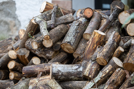 Pile of firewood and wood logs. Stock of fire wood for winter. Natural wooden background