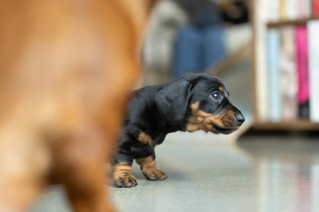 A very small young black dachshund puppyの写真素材