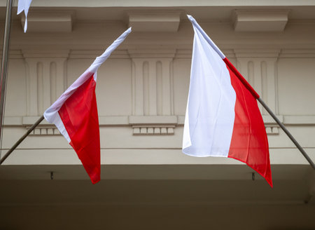 Polish Flag Adorning a City Streetの写真素材