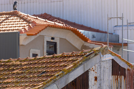 View from above of tiled roofs of the old town of Porto, Portugal.の写真素材