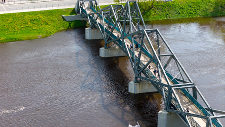 Pedestrian Bridge over Nevezis River in Kedainiai, Lithuania, Aerial Drone View