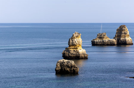 Rocky coastline , Cape Sao Goncalo de Lagos, in the Algarve