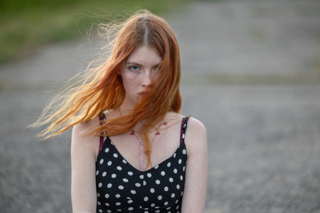 Portrait of a red-haired girl with freckles on her faceの写真素材