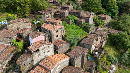 Talasnal: A Tourist Marvel in Portugal with Ancient Architecture, Stone Houses, and Narrow Alleys Captured by Drone on Jun 19, 2024の写真素材
