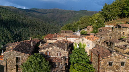 Talasnal: A Tourist Marvel in Portugal with Ancient Architecture, Stone Houses, and Narrow Alleys Captured by Drone on Jun 19, 2024の写真素材