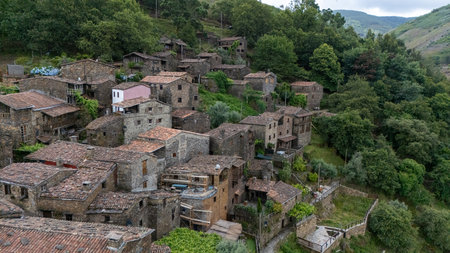 Talasnal: A Tourist Marvel in Portugal with Ancient Architecture, Stone Houses, and Narrow Alleys Captured by Drone on Jun 19, 2024の写真素材