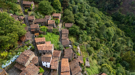 Talasnal: A Tourist Marvel in Portugal with Ancient Architecture, Stone Houses, and Narrow Alleys Captured by Drone on Jun 19, 2024の写真素材