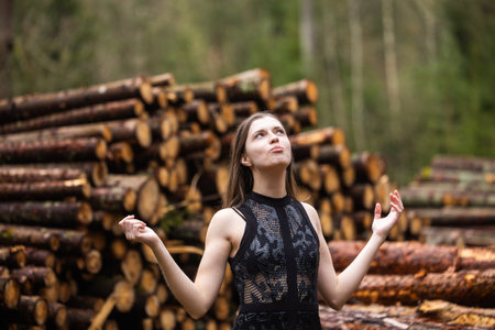 Beautiful woman portrait against wooden background.