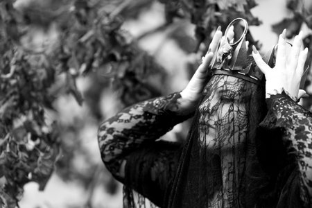 Crowned woman on Halloween night: a gaze through the veil, mysterious queenの写真素材