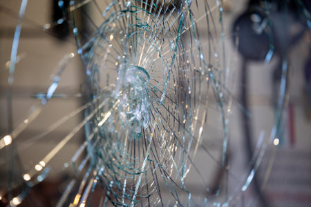 Traces of Vandalism: Shattered Shop Window in a Remote Street, Attempted Robbery, glass package