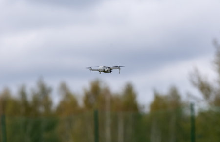 Remote-controlled unmanned aerial vehicles drones flyers. Skyの写真素材