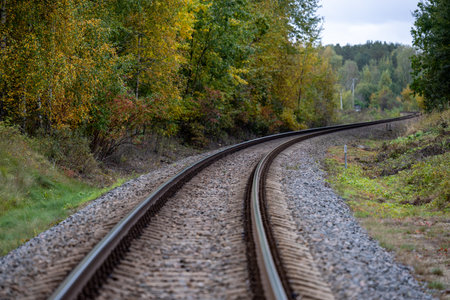 Railway tracks curve through the autumn forest, curve