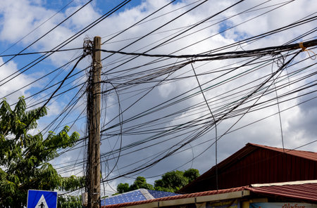 Chaotic Tangle of Wires â Electricity Network,  Cambodia, Siem Reap. Dangerous to lifeの写真素材