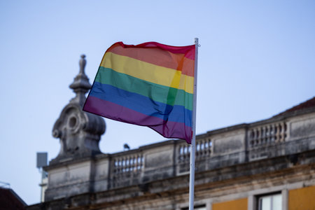 Pride flags in the center of Lisbon, Portugalの写真素材