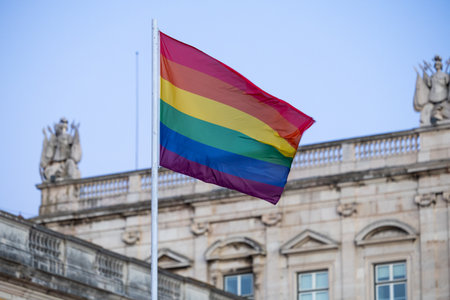 Pride flags in the center of Lisbon, Portugalの写真素材