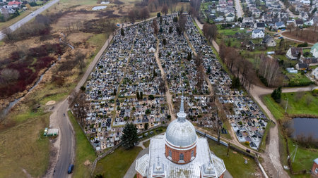 Lithuania. Utena's Church of Christ's Ascension and the Old Cemetery from a Bird's Eye View 11 11 2024の写真素材