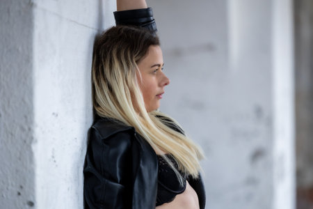 Close-Up of Woman in Leather, Urban Styleの写真素材