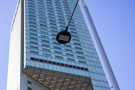 Modern glass architecture and window reflections in Warsawの写真素材