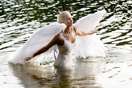Angel Emerges from the Water, Blonde Beauty in White Wingsの写真素材