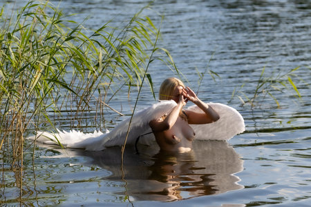 A graceful nude woman with angel wings standing in a calm lake, surrounded by reeds and golden light. This fine art series evokes purity, sensuality, and myth, blending nature and human emotion into a poetic visual narrativeの写真素材