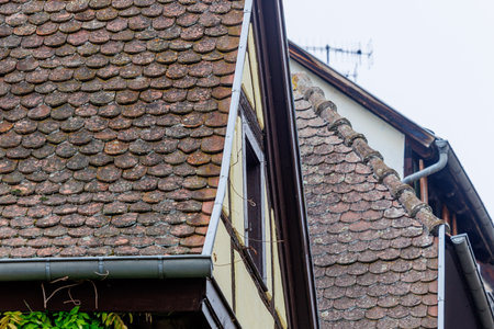 Close up views of traditional tiled roofs in France. Historic European architecture with red clay...