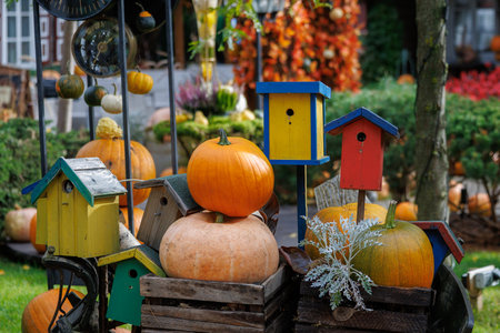 Colorful autumn decorations with pumpkins, flowers and seasonal plants in a cozy countryside garden. Natural fall composition symbolizing harvest, warmth and festive mood.の写真素材