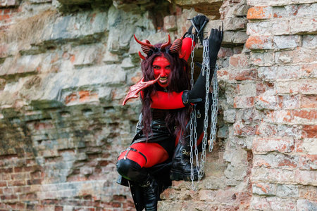 A woman in demonic cosplay with red body paint, horns and chains poses against an old brick wall....