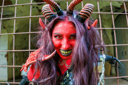 A woman in demonic cosplay with red body paint, horns and chains poses behind metal bars in an...