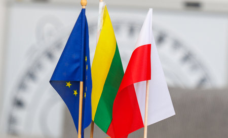 European Union, Lithuanian and Polish miniature flags standing side by side. Symbol of cooperation, diplomacy, international relations and cultural partnership between neighboring European countriesの写真素材