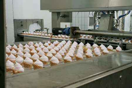 Industrial ice cream cone production line inside a food factory. Automated machinery fills waffle...