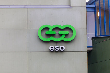 Lithuania â€“ December 7, 2025: Exterior view of ESO company logo displayed on the facade of a...